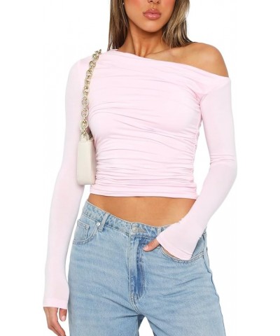 Women Y2k Off Shoulders Crop Tops Long Sleeve Ruched Tee Tops Slim Fit Going Out Solid T Shirts Tops 33- Pink $6.75 T-Shirts