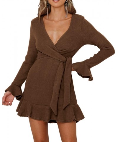 Women's Winter Long Sleeve V Neck Ruffles Sweater Dresses Mini Dresses Caramel $21.08 Dresses