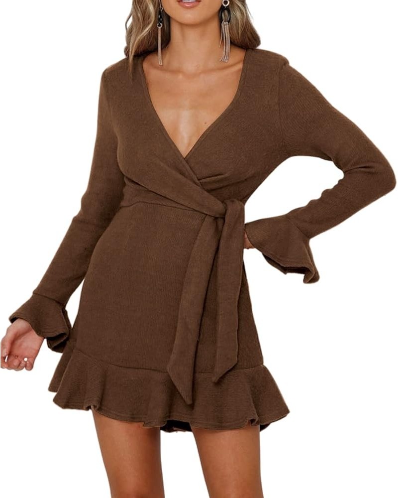 Women's Winter Long Sleeve V Neck Ruffles Sweater Dresses Mini Dresses Caramel $21.08 Dresses