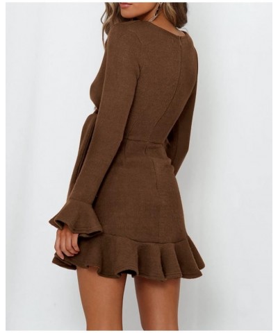 Women's Winter Long Sleeve V Neck Ruffles Sweater Dresses Mini Dresses Caramel $21.08 Dresses