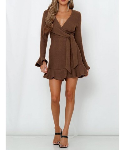 Women's Winter Long Sleeve V Neck Ruffles Sweater Dresses Mini Dresses Caramel $21.08 Dresses