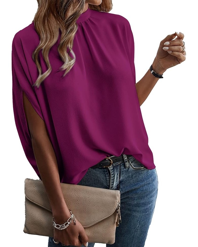 Women's Casual Tie Back Dolman Sleeve Mock Neck Blouse Top Fuchsia Red $18.35 Blouses