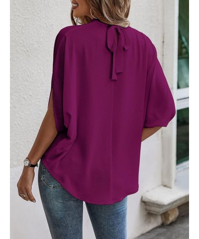 Women's Casual Tie Back Dolman Sleeve Mock Neck Blouse Top Fuchsia Red $18.35 Blouses