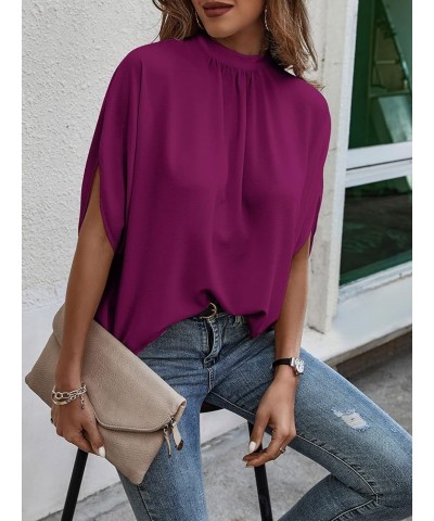 Women's Casual Tie Back Dolman Sleeve Mock Neck Blouse Top Fuchsia Red $18.35 Blouses