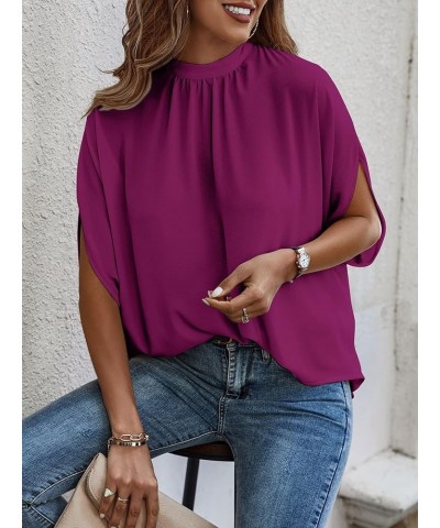 Women's Casual Tie Back Dolman Sleeve Mock Neck Blouse Top Fuchsia Red $18.35 Blouses