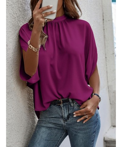 Women's Casual Tie Back Dolman Sleeve Mock Neck Blouse Top Fuchsia Red $18.35 Blouses