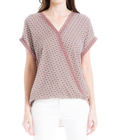 Women's Crepe Short Sleeve Shirt-Tail Wrap Top Ecru/Terra Small Clover Coin $16.28 Blouses