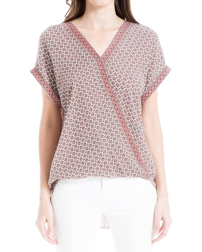 Women's Crepe Short Sleeve Shirt-Tail Wrap Top Ecru/Terra Small Clover Coin $16.28 Blouses