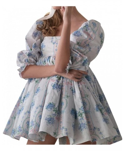 Women Puff Sleeve Dress Square Collar High Waist Ruffles Princess Dress Flowy Big Hem Babydoll Mini Dress Lolita A-flowers 2 ...