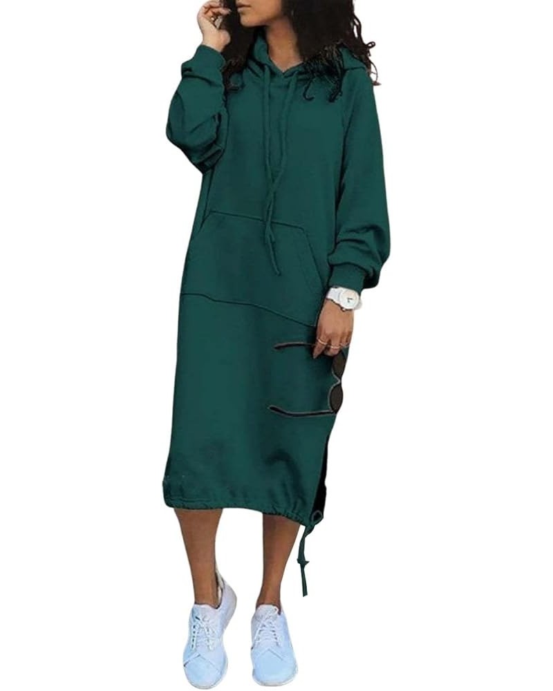 Women's Casual Pullover Sweatshirt Sexy Side Slit Long Sleeve Hoodie Long Dress With Kangaroo Pocket Dark Green $13.26 Hoodie...