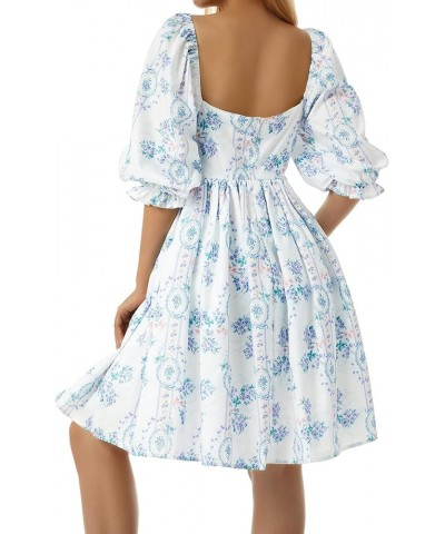 Women Puff Sleeve Dress Square Collar High Waist Ruffles Princess Dress Flowy Big Hem Babydoll Mini Dress Lolita A-flowers 2 ...