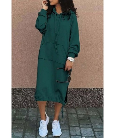 Women's Casual Pullover Sweatshirt Sexy Side Slit Long Sleeve Hoodie Long Dress With Kangaroo Pocket Dark Green $13.26 Hoodie...