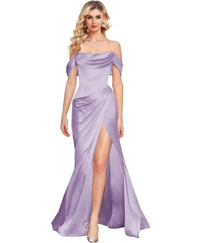 Off The Shoulder Mermaid Prom Dresses for Women Satin Silk Ruched Wrap Formal Evening Gowns with Slit Lavender $45.36 Dresses