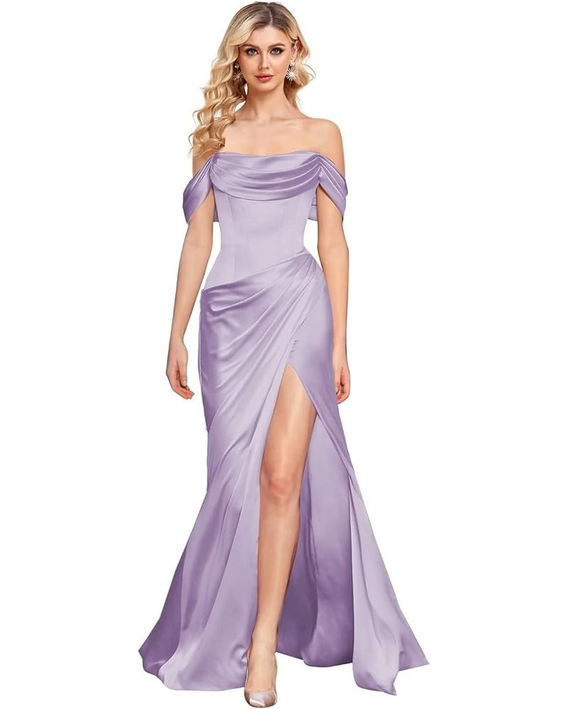 Off The Shoulder Mermaid Prom Dresses for Women Satin Silk Ruched Wrap Formal Evening Gowns with Slit Lavender $45.36 Dresses