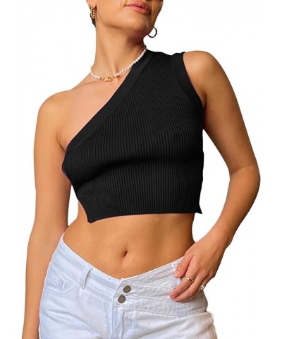 Women One Shoulder Backless Knitted Crop Top Sexy Sleeveless Strappy Open Back Cami Tank Tops Black $12.31 Shoes