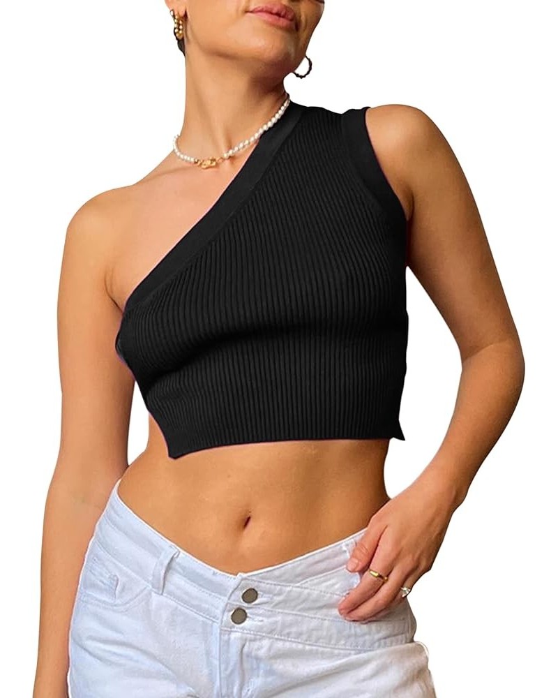 Women One Shoulder Backless Knitted Crop Top Sexy Sleeveless Strappy Open Back Cami Tank Tops Black $12.31 Shoes