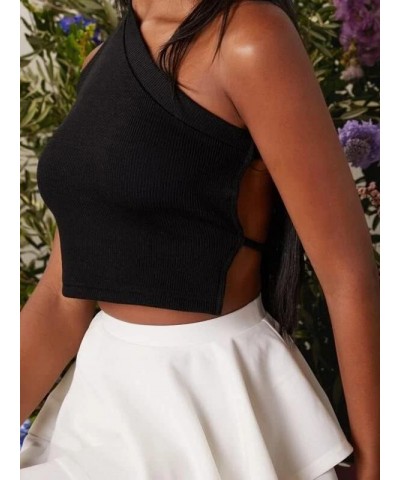 Women One Shoulder Backless Knitted Crop Top Sexy Sleeveless Strappy Open Back Cami Tank Tops Black $12.31 Shoes