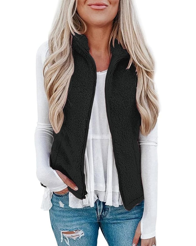 Women's Hooded Vest Plush Zip-Up Fleece Jacket Plus Size Casual Solid Color Sweatshirt Fuzzy Warm Jackets Black $11.44 Vests