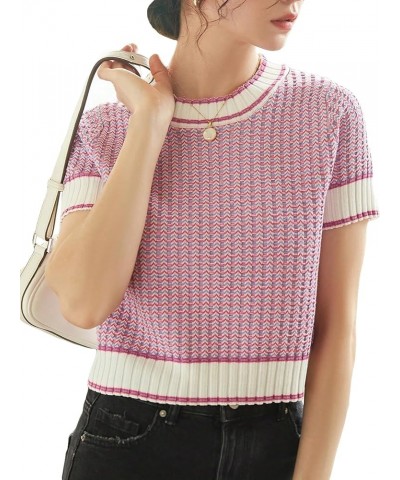 Women's Striped Print Rib Knit Short Sleeve Crop Sweaters Round Neck Binding Pullover Sweaters Lilac Purple $18.50 Sweaters