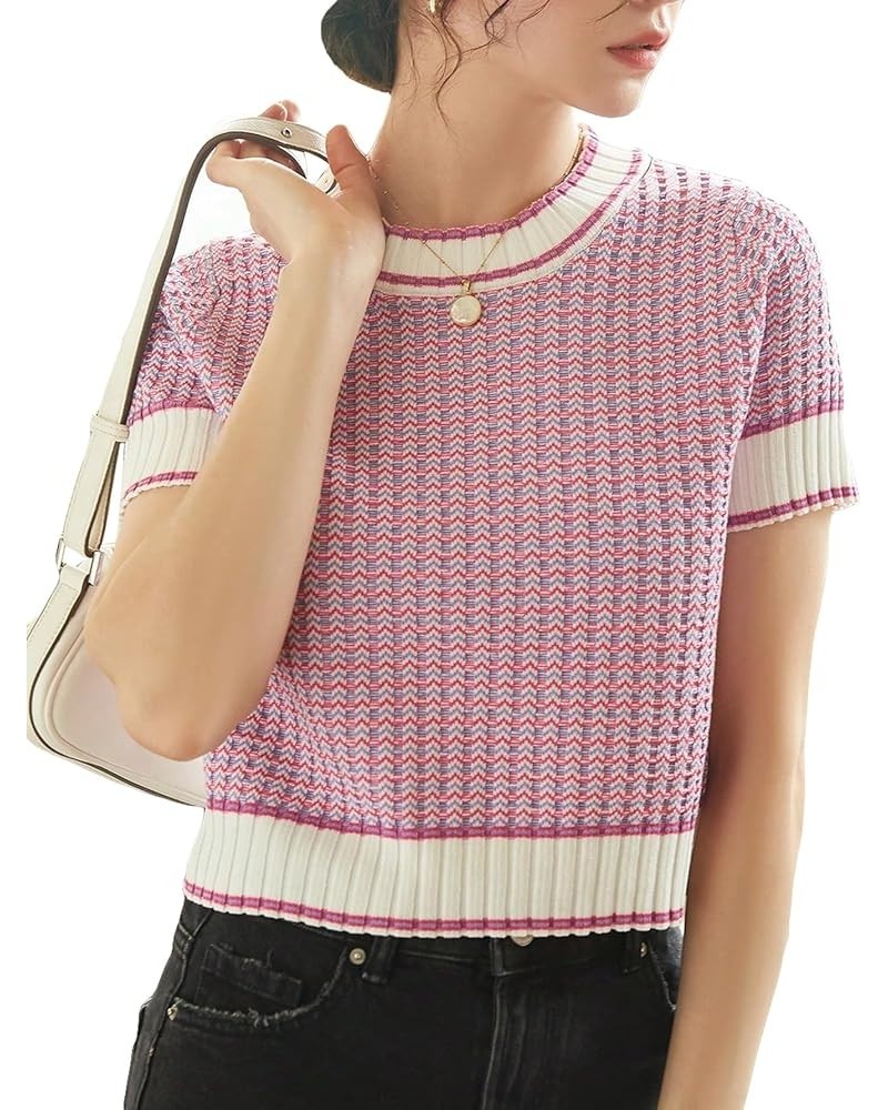 Women's Striped Print Rib Knit Short Sleeve Crop Sweaters Round Neck Binding Pullover Sweaters Lilac Purple $18.50 Sweaters