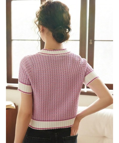 Women's Striped Print Rib Knit Short Sleeve Crop Sweaters Round Neck Binding Pullover Sweaters Lilac Purple $18.50 Sweaters