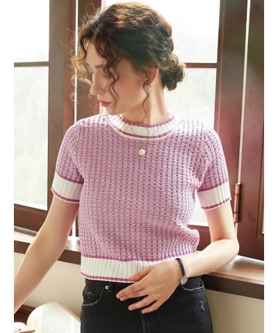 Women's Striped Print Rib Knit Short Sleeve Crop Sweaters Round Neck Binding Pullover Sweaters Lilac Purple $18.50 Sweaters