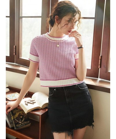 Women's Striped Print Rib Knit Short Sleeve Crop Sweaters Round Neck Binding Pullover Sweaters Lilac Purple $18.50 Sweaters