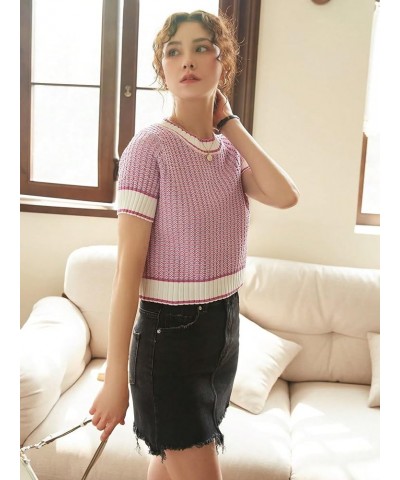 Women's Striped Print Rib Knit Short Sleeve Crop Sweaters Round Neck Binding Pullover Sweaters Lilac Purple $18.50 Sweaters