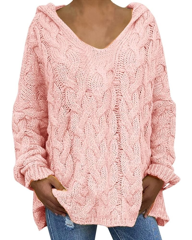 Plus Size Sweater Hoodies for Women Long Sleeve Chunky Knitted Hooded Sweaters V Neck Fashion Dressy Longline Jumpers D-pink ...