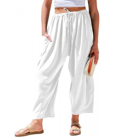 Womens Linen Wide Leg Pants Casual Loose Drawstring Low Waist Beach Palazzo Harem Pants with Pockets White $18.01 Pants