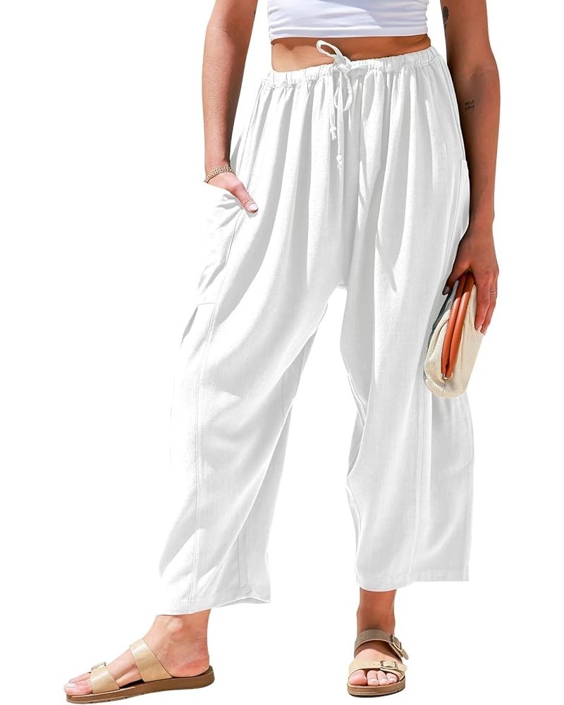 Womens Linen Wide Leg Pants Casual Loose Drawstring Low Waist Beach Palazzo Harem Pants with Pockets White $18.01 Pants