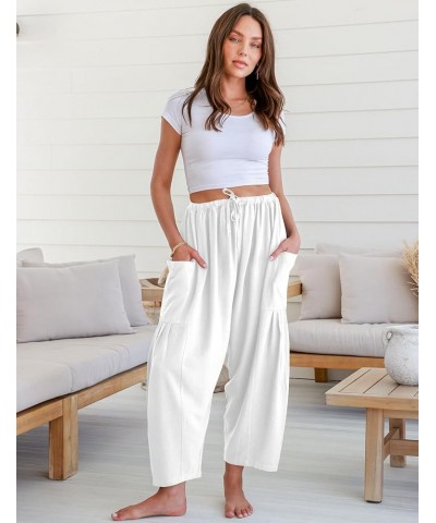 Womens Linen Wide Leg Pants Casual Loose Drawstring Low Waist Beach Palazzo Harem Pants with Pockets White $18.01 Pants