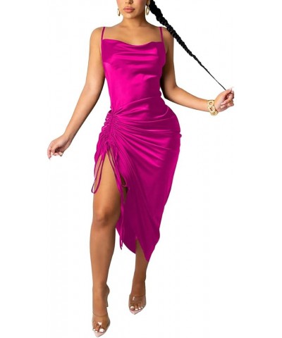 Women's Spaghetti Straps Satin Dress Sleeveless Backless Drawstring Ruched Midi Sexy Cocktail Party Dress Rose Red $19.71 Dre...