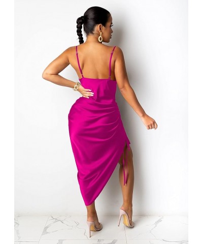 Women's Spaghetti Straps Satin Dress Sleeveless Backless Drawstring Ruched Midi Sexy Cocktail Party Dress Rose Red $19.71 Dre...