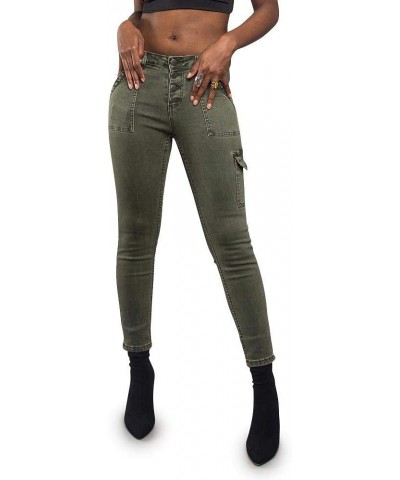 Women's High Waisted Colored Ripped Skinny Pants Button Cargo Olive $18.87 Pants