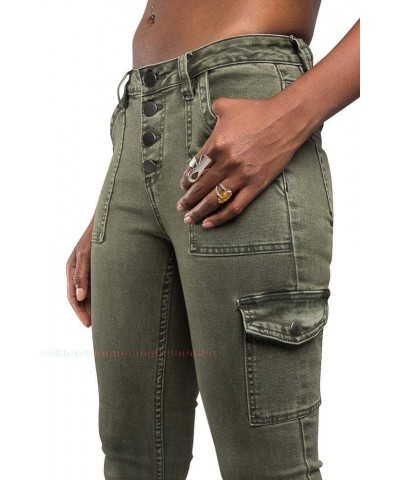 Women's High Waisted Colored Ripped Skinny Pants Button Cargo Olive $18.87 Pants