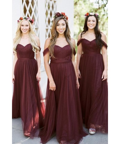 Women's Off The Shoulder Tulle Long Bridesmaid Dresses 2024 Formal Wedding Party Dress Champagne $34.50 Dresses