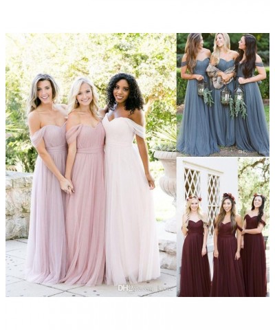 Women's Off The Shoulder Tulle Long Bridesmaid Dresses 2024 Formal Wedding Party Dress Champagne $34.50 Dresses