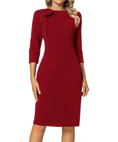 Women Sheath Dress 3/4 Sleeve Bow Neck Wear to Work Pencil Dresses Red $26.67 Dresses