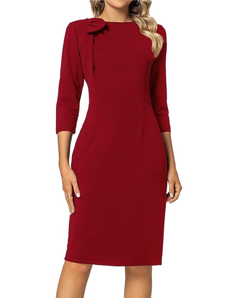 Women Sheath Dress 3/4 Sleeve Bow Neck Wear to Work Pencil Dresses Red $26.67 Dresses