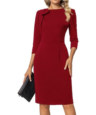 Women Sheath Dress 3/4 Sleeve Bow Neck Wear to Work Pencil Dresses Red $26.67 Dresses