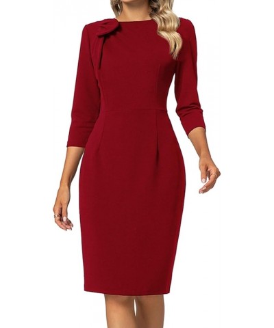 Women Sheath Dress 3/4 Sleeve Bow Neck Wear to Work Pencil Dresses Red $26.67 Dresses