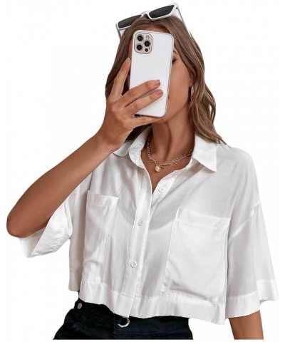 Women's Pocket Half Sleeve Button Front Summer Oversized Crop Blouse Tops White $15.00 Blouses