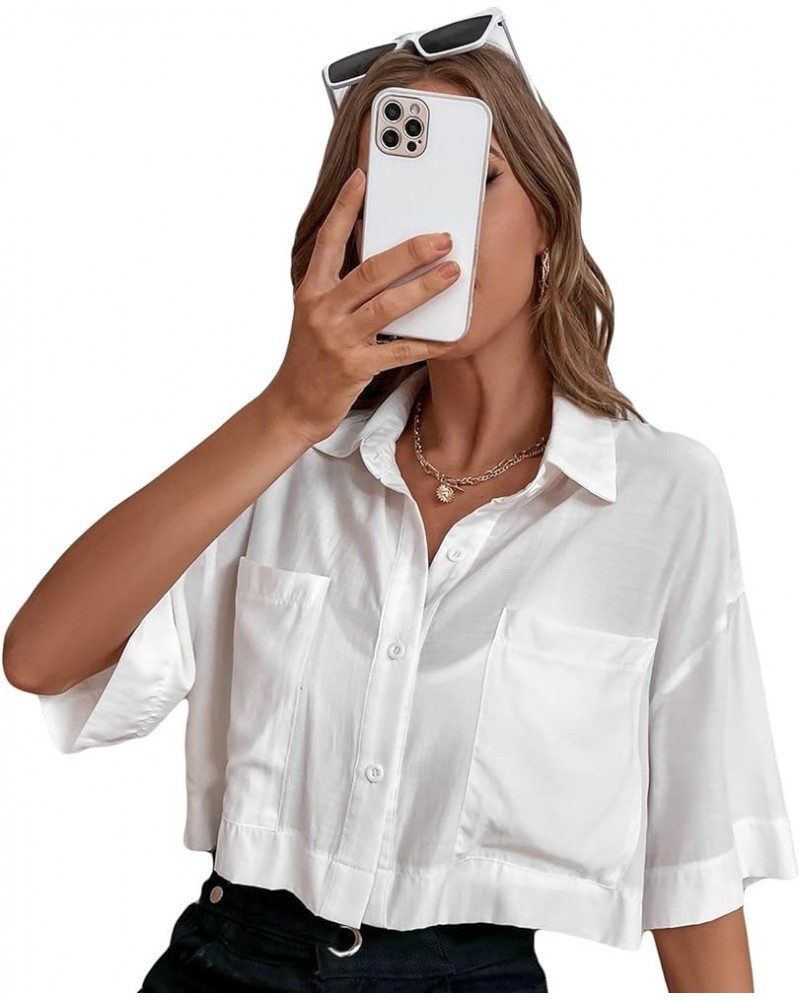 Women's Pocket Half Sleeve Button Front Summer Oversized Crop Blouse Tops White $15.00 Blouses