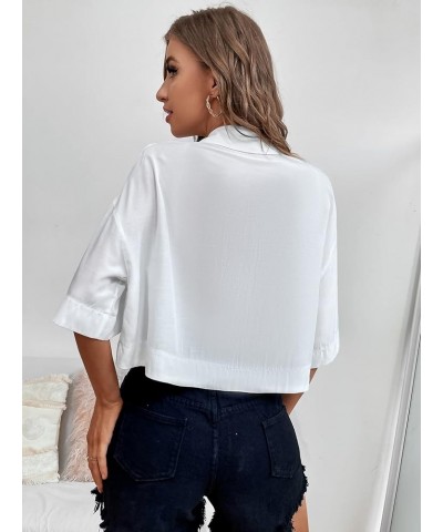 Women's Pocket Half Sleeve Button Front Summer Oversized Crop Blouse Tops White $15.00 Blouses