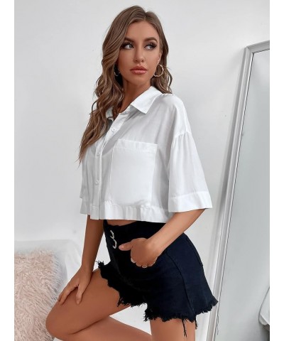 Women's Pocket Half Sleeve Button Front Summer Oversized Crop Blouse Tops White $15.00 Blouses