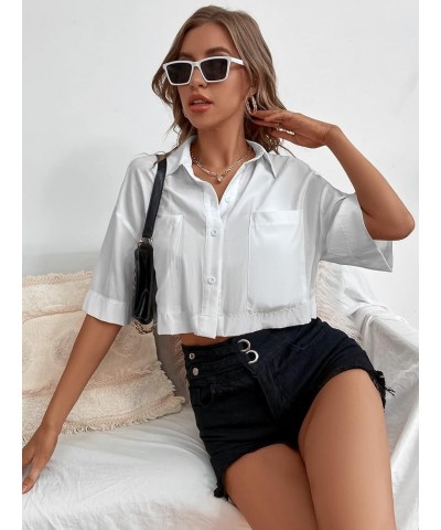 Women's Pocket Half Sleeve Button Front Summer Oversized Crop Blouse Tops White $15.00 Blouses