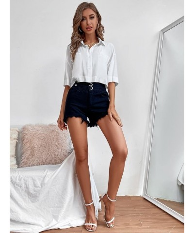 Women's Pocket Half Sleeve Button Front Summer Oversized Crop Blouse Tops White $15.00 Blouses