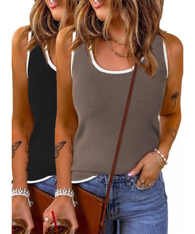 2 Pack Tank Top for Women Summer Sleeveless Scoop Neck Ribbed Knit Color Block Slim Fitted Cami Tops Shirts Black/Brown $18.2...