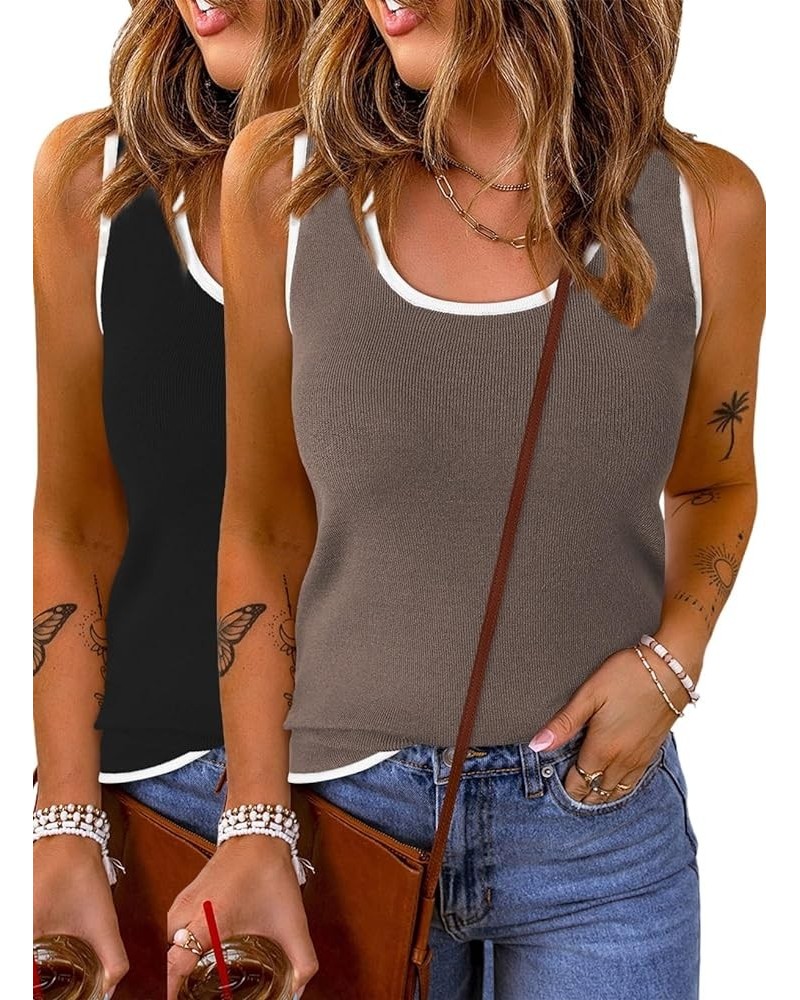 2 Pack Tank Top for Women Summer Sleeveless Scoop Neck Ribbed Knit Color Block Slim Fitted Cami Tops Shirts Black/Brown $18.2...